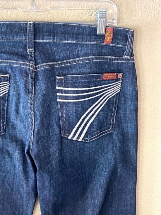 7 For All Mankind Denim - 7 For All Mankind Dark Blue Flare Jeans with White Pocket Stitching